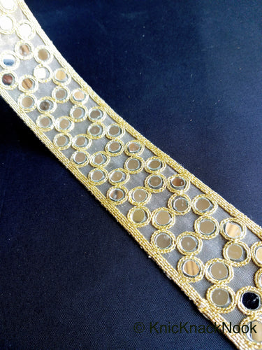 Gold Sheer Fabric Lace Trim With Gold Embroidery And Mirror Embellishments, Wedding Trims, Indian - 210119L16